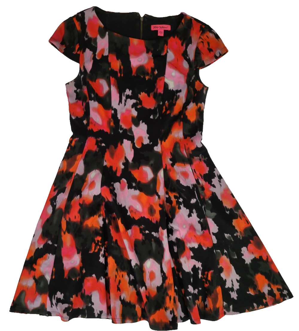 Betsey Johnson Dress Womens 10 Black Pink Orange Floral Fit Flare Cap Sleeve
